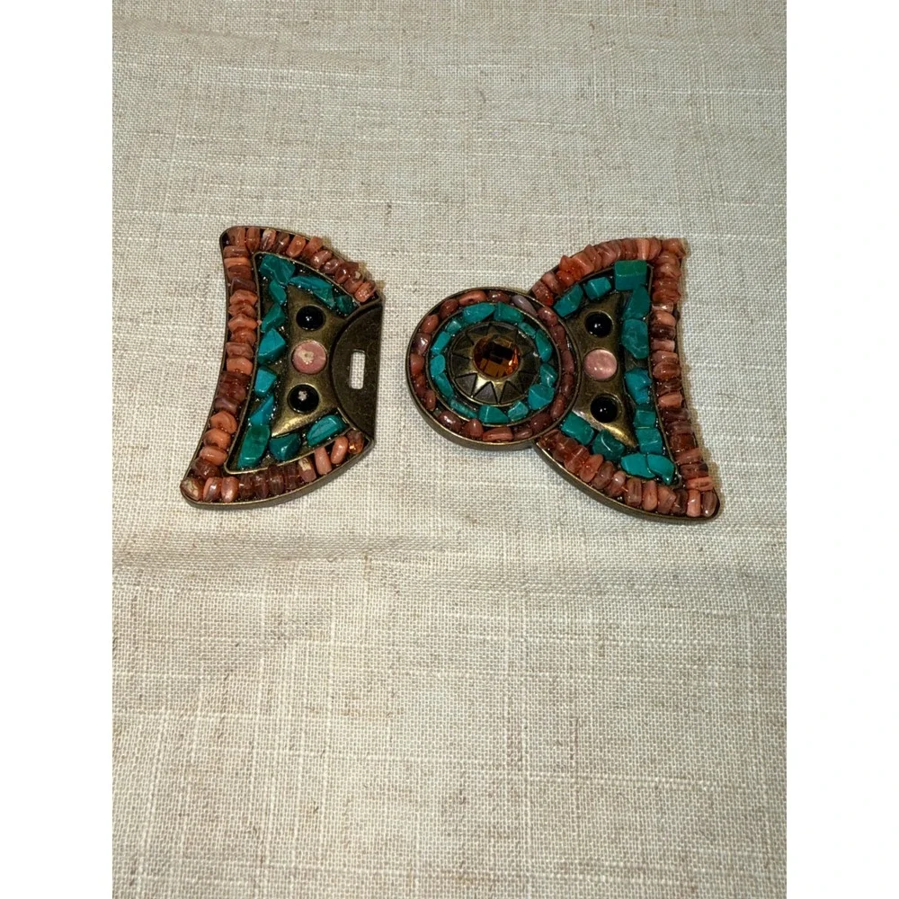 Vintage Style Faux Turquoise Coral Mosaic Bow Belt Buckle Western Boho Brass